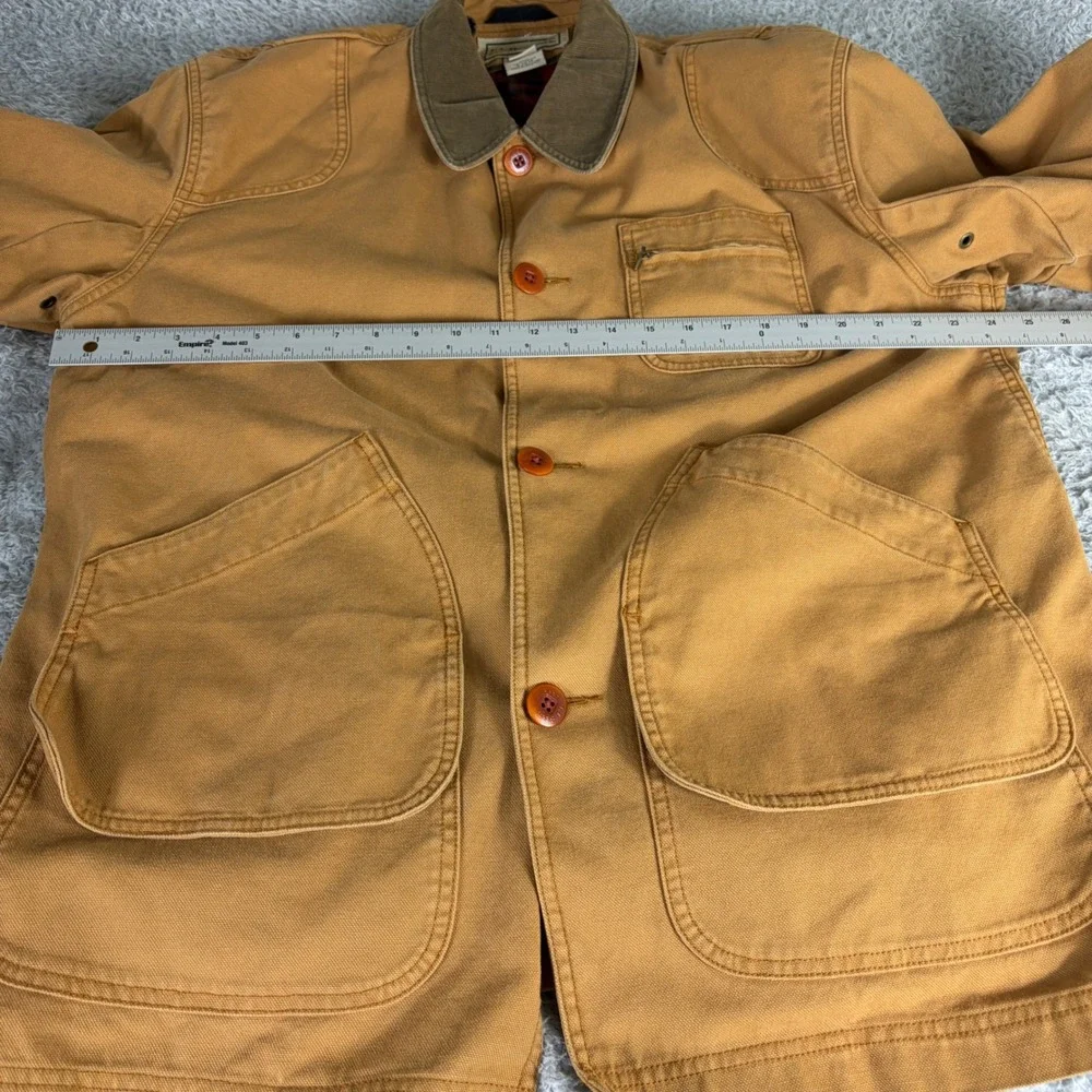 LL Bean Mens Original Field Coat Tan Canvas Primaloft Plaid Lined Jacket L Reg